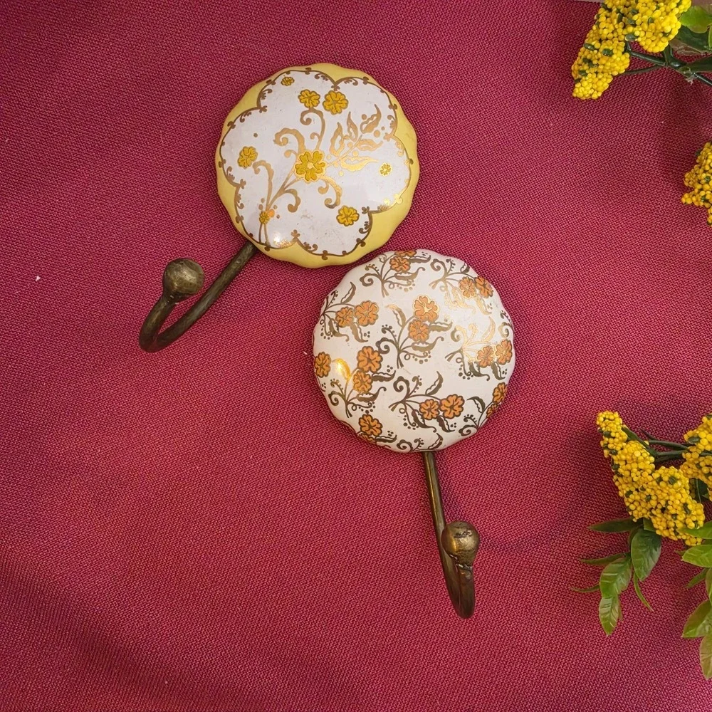 Ceramic Wall Hooks with Brass Brackets - Versatile Coat, Towel, and Robe Hangers